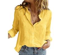Long Sleeve Top Women Shirt Solid Color Plain Cotton Linen Button-Down Collared Plus Size Clothing Basic Loose Casual Blouse A Solid Yellow 18
