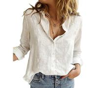 Long Sleeve Top Women Shirt Solid Color Plain Cotton Linen Button-Down Collared Plus Size Clothing Basic Loose Casual Blouse A Solid White 16