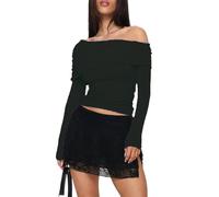 Long Sleeve Tops for Women Boat Neck Off The Shoulder Y2k Basic Slim Fitted Tops Cute Teen Girls Going Out Tops (Black, L)