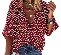 Long Sleeve Tops for Women Long Sleeve Floral Blouse Ladies V Neck Tunic Tops for Women Going Out Top Work Blouses for Women Elegant Plus Size Lady Oversized Button Tops Vneck Blouse Ladies Red 5XL