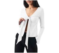 Long Sleeve Tops for Women Sexy Deep V-Neck Slit T-Shirts Trendy Fall Casual Slim-Fit Pullover Top Y2k Bow Tie Knot Front Ruched Blouse Party Going Out Clothes Streetwear Tee Shirt