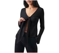 Long Sleeve Tops for Women Sexy Deep V-Neck Slit T-Shirts Trendy Fall Casual Slim-Fit Pullover Top Y2k Bow Tie Knot Front Ruched Blouse Party Going Out Clothes Streetwear Tee Shirt Black