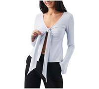 Long Sleeve Tops for Women Sexy Deep V-Neck Slit T-Shirts Trendy Fall Casual Slim-Fit Pullover Top Y2k Bow Tie Knot Front Ruched Blouse Party Going Out Clothes Streetwear Tee Shirt Light Blue