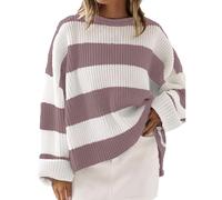 Long Sleeve Tops for Women UK Basics Clothes Women 2024 Autumn and Winter Round Neck Long Sleeve Striped Sweater Border European and American Sweatshirts for Womens Jumpers (Pink,XL)