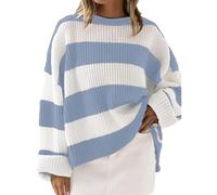 Long Sleeve Tops for Women UK Basics Clothes Women Women's 2024 Autumn and Winter Round Neck Long Sleeve Striped Sweater Border European and American Sweatshirts for Women Womens Jumpers (Blue, XL)