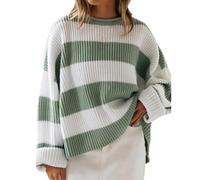 Long Sleeve Tops for Women UK Basics Clothes Women Women's 2024 Autumn and Winter Round Neck Long Sleeve Striped Sweater Border European and American Sweatshirts for Women Womens Jumpers (Green, XL)