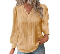 Long Sleeve Tops for Women UK Elegant Lace Splicing Hollow Bubble Solid Color Plus Size Blouses V-Neck Shirt Ladies Soft Comfy Classic-Fit Dressy Casual Tops for Work Office Yellow