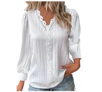 Long Sleeve Tops for Women UK Elegant Lace Splicing Hollow Bubble Solid Color Plus Size Blouses V-Neck Shirt Ladies Soft Comfy Classic-Fit Dressy Casual Tops for Work Office White