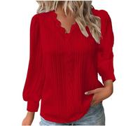 Long Sleeve Tops for Women UK Elegant Lace Splicing Hollow Bubble Solid Color Plus Size Blouses V-Neck Shirt Ladies Soft Comfy Classic-Fit Dressy Casual Tops for Work Office Red