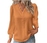 Long Sleeve Tops for Women UK Elegant Lace Splicing Hollow Bubble Solid Color Plus Size Blouses V-Neck Shirt Ladies Soft Comfy Classic-Fit Dressy Casual Tops for Work Office Orange