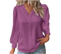 Long Sleeve Tops for Women UK Elegant Lace Splicing Hollow Bubble Solid Color Plus Size Blouses V-Neck Shirt Ladies Soft Comfy Classic-Fit Dressy Casual Tops for Work Office Hot Pink