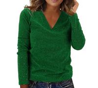 Long Sleeve Tops for Women UK Fall V Neck Glitter Blouse Casual Going Out Pullover Loose Fit Basic T Shirts Green