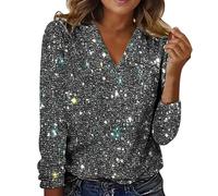 Long Sleeve Tops for Women UK Fall V Neck Glitter Blouse Casual Going Out Pullover Loose Fit Basic T Shirts Grey