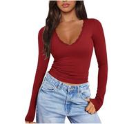 Long Sleeve Tops for Women UK Sale Clearance Lace V Neck Sport Shirts Stretch Fitted Base Layer Tee Shirts Top Basic Solid Color Slim Fit Casual T Shirts Blouses Aesthetic Underscrubs Red