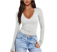 Long Sleeve Tops for Women UK Sale Clearance Lace V Neck Sport Shirts Stretch Fitted Base Layer Tee Shirts Top Basic Solid Color Slim Fit Casual T Shirts Blouses Aesthetic Underscrubs White