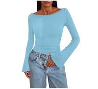 Long Sleeve Tops Women Bell Sleeve Jumpers Ladies Crew Neck Tunic Sweaters Thin Knit Pullover Sweatshirts Womens Ruched Tops Slim Knitwear Elegant Blouses Shirts Spring Fall Outfits Light Blue