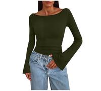 Long Sleeve Tops Women Bell Sleeve Jumpers Ladies Crew Neck Tunic Sweaters Thin Knit Pullover Sweatshirts Womens Ruched Tops Slim Knitwear Elegant Blouses Shirts Spring Fall Outfits Army Green