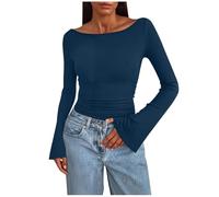 Long Sleeve Tops Women Bell Sleeve Jumpers Ladies Crew Neck Tunic Sweaters Thin Knit Pullover Sweatshirts Womens Ruched Tops Slim Knitwear Elegant Blouses Shirts Spring Fall Outfits Navy