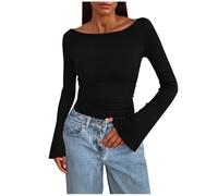 Long Sleeve Tops Women Bell Sleeve Jumpers Ladies Crew Neck Tunic Sweaters Thin Knit Pullover Sweatshirts Womens Ruched Tops Slim Knitwear Elegant Blouses Shirts Spring Fall Outfits Black