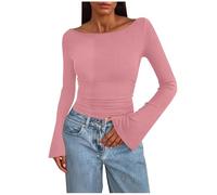 Long Sleeve Tops Women Bell Sleeve Jumpers Ladies Crew Neck Tunic Sweaters Thin Knit Pullover Sweatshirts Womens Ruched Tops Slim Knitwear Elegant Blouses Shirts Spring Fall Outfits Pink