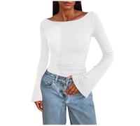 Long Sleeve Tops Women Bell Sleeve Jumpers Ladies Crew Neck Tunic Sweaters Thin Knit Pullover Sweatshirts Womens Ruched Tops Slim Knitwear Elegant Blouses Shirts Spring Fall Outfits White
