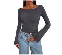 Long Sleeve Tops Women Bell Sleeve Jumpers Ladies Crew Neck Tunic Sweaters Thin Knit Pullover Sweatshirts Womens Ruched Tops Slim Knitwear Elegant Blouses Shirts Spring Fall Outfits Dark Gray