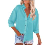 Long Sleeve Tops Women Casual Button Down Cotton Linen Shirts Summer Tshirt Tops V Neck Roll Up Long Sleeve Blouses Loose Collared Shirt Oversized Tees Dressy Blouses Office Work Blouse Sky Blue