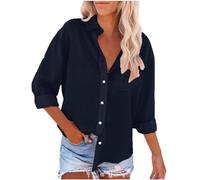 Long Sleeve Tops Women Casual Button Down Cotton Linen Shirts Summer Tshirt Tops V Neck Roll Up Long Sleeve Blouses Loose Collared Shirt Oversized Tees Dressy Blouses Office Work Blouse Navy