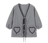 Long Sleeve Tops Women Checkered Open Front Tie Blouse V Neck Doll Shirt with Heart Embroidered T Shirt Loose Teen Girl Cute Plaid Shirts Plus Size Fall Winter Clothes Home Casual Sreetwear