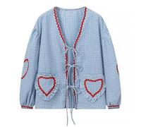 Long Sleeve Tops Women Checkered Open Front Tie Blouse V Neck Doll Shirt with Heart Embroidered T Shirt Loose Teen Girl Cute Plaid Shirts Plus Size Fall Winter Clothes Home Casual Sreetwear
