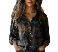 Long Sleeve Tops Women Cotton Linen Button Up Shirts Solid Dressy Elegant Office Work Business Collared Blouses Tunic Top with Pocket Plus Size Black M