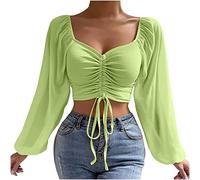 Long Sleeve Tops Women Elegant Mesh Long Sleeve Blouses Knitted Drawstring Crop T-Shirt Solid Color Going Out Tee Shirts V Neck Soft Stretch Office Work Blouses Pullover