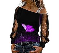 Long Sleeve Tops Women Gym Valentine Fashion Top Blouse Sequin Butterfly Print Mesh Long Sleeve Cold Shoulder Shirt Loose Splice Sexy Blouse Top Cover Ups Tunic Tops for Women Sales Essentials Hoodie