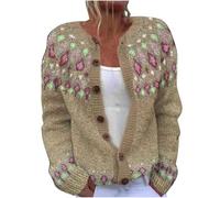 Long Sleeve Tops Women Loose Casual Front Button Women's Cardigans Ethnic Style Knitted Blouse Textured Fleece Jacket Women Round Neck Warm Comfortable Autumn Sweaters Ladies Knitwear Cardigan