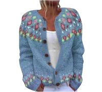 Long Sleeve Tops Women Loose Casual Front Button Women's Cardigans Ethnic Style Knitted Blouse Textured Fleece Jacket Women Round Neck Warm Comfortable Autumn Sweaters Ladies Knitwear Cardigan