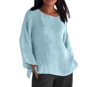 Long Sleeve Tops Women Sale Summer Oversized Tee Cotton Linen Womens Blouses & Shirts Crew Neck Loose Shirt Spring Dressy Office Work Blouse Cheesecloth Swing Ladies Tops Plus Size S-5XL Sky Blue