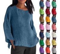 Long Sleeve Tops Women Sale Summer Oversized Tee Cotton Linen Womens Blouses & Shirts Crew Neck Loose Shirt Spring Dressy Office Work Blouse Cheesecloth Swing Ladies Tops Plus Size S-5XL Blue