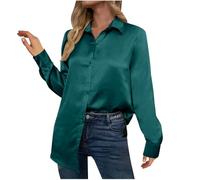 Long Sleeve Tops Women Satin Silk Button up Lapel Blouse Glossy Smooth Cuff Shirts Side Split Tunic Tops Loose Plain T Shirt Elegant Undershirts Office Spring Summer Dressy Casual Wear