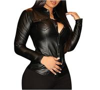 Long Sleeve Tops Women Slim PU Leather Button up Lapel Shirts with Pockets Plain Tunic T Shirts Bodycon Motocycle Jackets Glossy Windproof Waterproof Thin Coats Fall Winter Blouses