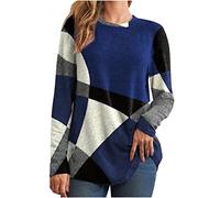 Long Sleeve Tops Women UK 2024 Casual Fall Winter Fleece Crewneck Pullover Shirts Dressy Trendy Geometric Print Blouse Ladies Elegant Color Block Sweater Jumper Tops Blue
