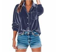 Long Sleeve Tops Women Velvet Blouse V Neck Button Up Shirts Solid Loose Fit Tunic Tops Party Work Casual Oversized Loose Tshirts Ladies Lapel Collar Shirt Elegant Blouse Navy