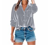 Long Sleeve Tops Women Velvet Blouse V Neck Button Up Shirts Solid Loose Fit Tunic Tops Party Work Casual Oversized Loose Tshirts Ladies Lapel Collar Shirt Elegant Blouse Gray