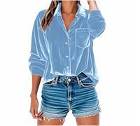 Long Sleeve Tops Women Velvet Blouse V Neck Button Up Shirts Solid Loose Fit Tunic Tops Party Work Casual Oversized Loose Tshirts Ladies Lapel Collar Shirt Elegant Blouse Light Blue