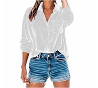 Long Sleeve Tops Women Velvet Blouse V Neck Button Up Shirts Solid Loose Fit Tunic Tops Party Work Casual Oversized Loose Tshirts Ladies Lapel Collar Shirt Elegant Blouse White
