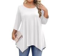 Long Sleeve Tops Women, Womens 3/4 Sleeve Shirts Round Neck Asymmetrical Hem Basic Tee Tops Loose Fit Autumn Outfits for Ladies Gifts for Mum,White,3XL,u574k