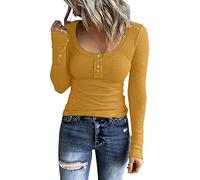 Long Sleeve Tops Women, Women's Henley Shirts Long Sleeve Button Down Slim Fit Tunic Tops Scoop Neck Ribbed Knit Casual T Shirts Blouses Tops & T-Shirts Tunic Tops for Women UK Yellow