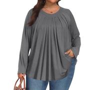 Long Sleeve Tops Women, Womens Solid Colour Tops Long Sleeve Crew Neck Oversized T Shirts Loose Pleated Flowy Casual Tunics Sister Birthday Gifts,Grey,3XL,u674k