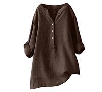 Long Sleeve Tops Womens Casual Cotton Linen Shirts Roll Up Sleeve Button V Neck Blouses Ladies Summer Tops Oversized Loose Plus Size Tees Shirts Baggy Pullover Trendy Outfits