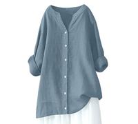 Long Sleeve Tops Womens Dressy Casual Blouses Summer Cotton Linen Shirts Roll Up Sleeve Button V Neck Blouses Oversized Loose Tees Shirts Baggy Comfy Pullover Plus Size Tops