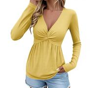 Long Sleeve Tops Womens Pleated Peplum Shirts V Neck Casual T-Shirts Tunic Tops Lightweight Comfy Pullover Fall Loose Swing Flowy Blouses Summer Cute Blouse Fashion Tees Shirt